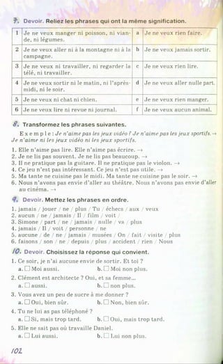 T1
. Devoir. Reliez les phrases qui ont la même signification.
1 Je ne veux manger ni poisson, ni vian­
de, ni légumes.
a Je ne veux rien faire.
2 Je ne veux aller ni à la montagne ni à la
campagne.
b Je ne veux jamais sortir.
3 Je ne veux ni travailler, ni regarder la
télé, ni travailler.
c Je ne veux rien lire.
4 Je ne veux sortir ni le matin, ni l’après-
midi, ni le soir.
d Je ne veux aller nulle part.
5 Je ne veux ni chat ni chien. e Je ne veux rien manger.
6 Je ne veux lire ni revue ni journal. f Je ne veux aucun animal.
S. Transformez les phrases suivantes.
E x e m p l e : Jp n'aime pas les jeux vidéo ?Je n’aime pas les jeux sportifs. -»
Je n’aime ni les jeux vidéo ni les jeux sportifs.
1. Elle n’aime pas lire. Elle n’aime pas écrire. —
»
2. Je ne lis pas souvent. Je ne lis pas beaucoup. —
>
3. Il ne pratique pas la guitare. Il ne pratique pas le violon. —
»
4. Ce jeu n’est pas intéressant. Ce jeu n’est pas utile. —
»
5. Ma tante ne cuisine pas le midi. Ma tante ne cuisine pas le soir. —
»
6. Nous n’avons pas envie d’aller au théâtre. Nous n’avons pas envie d’aller
au cinéma. -»
Devoir. M ettez les phrases en ordre.
1. jamais / jouer / ne / plus / Tu / échecs / aux / veux
2. aucun / ne / jamais / Il / film / voit /
3. Simone / part / ne / jamais / nulle / va / plus
4. jamais / Il / voit / personne / ne
5. aucune / de / ne / jamais / musées / On / fait / visite / plus
6. faisons / son / ne / depuis / plus / accident / rien / Nous
/0 . Devoir. Choisissez la réponse qui convient.
1. Ce soir, je n’ai aucune envie de sortir. Et toi ?
a. O Moi aussi. b. □ Moi non plus.
2. Clément est architecte ? Oui, et sa femme...
a. □ aussi. b. □ non plus.
3. Vous avez un peu de sucre à me donner ?
a. □ Oui, bien sûr. b. □ Non, bien sûr.
4. Tu ne lui as pas téléphoné ?
a. □ Si, mais trop tard. b. □ Oui, mais trop tard.
5. Elle ne sait pas où travaille Daniel.
a. □ Lui aussi. b. □ Lui non plus.
toi
 