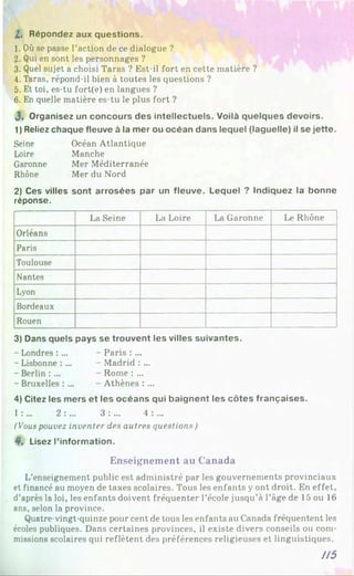 Z. Répondez aux questions.
1. Où se passe l’action de ce dialogue ?
2. Qui en sont les personnages ?
3. Quel sujet a choisi Taras ? Est-il fort en cette matière ?
4. Taras, répond-il bien à toutes les questions ?
5. Et toi, es-tu fort(e) en langues ?
6. En quelle matière es-tu le plus fort ?
J. Organisez un concours des intellectuels. Voilà quelques devoirs.
1) Reliez chaque fleuve à la mer ou océan dans lequel (laguelle) il se jette.
Seine Océan Atlantique
Loire Manche
Garonne Mer Méditerranée
Rhône Mer du Nord
2) Ces villes sont arrosées par un fleuve. Lequel ? Indiquez la bonne
réponse.
La Seine La Loire La Garonne Le Rhône
Orléans
Paris
Toulouse
Nantes
Lyon
Bordeaux
Rouen
3) Dans quels pays se trouvent les villes suivantes.
- Londres :...
- Lisbonne :...
- Berlin : ...
- Bruxelles : ...
- Paris : ...
- Madrid : ...
- Rome : ...
- Athènes : ...
4) Citez les mers et les océans qui baignent les côtes françaises.
1:... 2 :... 3 : ... 4 : ...
(Vous pouvez inventer des autres questions)
4. Lisez l’information.
Enseignement au Canada
L’enseignement public est administré par les gouvernements provinciaux
et financé au moyen de taxes scolaires. Tous les enfants y ont droit. En effet,
d’après la loi, les enfants doivent fréquenter l’école jusqu’à l’âge de 15 ou 16
ans, selon la province.
Quatre-vingt-quinze pour cent de tous les enfants au Canada fréquentent les
écoles publiques. Dans certaines provinces, il existe divers conseils ou com­
missions scolaires qui reflètent des préférences religieuses et linguistiques.
U5
 