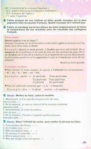 - 65 % écoutent de la musique classique ;
- 15 % aiment beaucoup les chansons anciennes ;
- 15 % écoutent de l’opéra ;
- 1 % aime l’opérette.
4. F aites a n a ly s e d e c e s c h iffre s e t d ite s q u e lle m u s iq u e e s t la plus
pop u laire c h e z les je u n e s F ra n ç a is . Q u e lle m u s iq u e ils n ’a im e n t p a s.
5 . F aites un s o n d a g e p a rm i le s é lè v e s d e v o tre é ta b lis s e m e n t e t fa ite s
la c o m p a ra is o n d e vos ré s u lta ts a v e c les ré s u lta ts d e s c o llé g ie n s
fra n ç a is .
Futur simple
Quand emploie-t-on le futur ?
Lorsque l’on pense qu’un événement se déroulera après le moment où l’on
parle, on le situe dans le futur.
E x e m p l e :Quand je serai grande, il faudra que tout soit éclairé. Et je
mangerai de la confiture et du pâté de foie sur des tartines de pain. Et je
me tiendrai sur le toit de la maison d’où je lancerai des navets dans toutes
les directions quand on m’en apportera et que je n’aurai pas envie de les
préparer.
Quand je serai grande
Formation régulière
•Pour former le futur simple, on ajoute à l’infinitif les terminaisons :
- ai, - as, —a, —ons, —ez, -ont.
E x e m p l e : parler—
» Je parlerai Nous parlerons
Tu parleras Vous parlerez
Il parlera Ils parleront
• Pour les infinitifs terminés par —e, le - e disparaît.
E x e m p 1e : dire —
» Je dirai mettre —
»Je mettrai
6. D evoir. M e tte z au fu tu r, s e lo n le m o d è le .
1. Maintenant, je n’ai que des disques avec du rock,
mais un jour, ... .
2. En ce moment, je vais au concert de la musique moderne,
mais plus tard, ... .
3. Actuellement, je visite les boîtes,
mais un jour, ... .
4. En ce moment, j’écoute n’importe quelle musique,
mais plus tard, ... .
f. D evoir. D ite s l’in fin itif du v e rb e , p u is m e tte z la p h ra s e au fu tu r.
1. Vous achetez des fleurs.—
»—
»
2. Je n’oublie rien. —
»-»
3. Elles travaillent tard. —
» —
»
4. On annonce la nouvelle. —
»-»
5. Elle ne pleure plus. —
»—
»
6. Mon ami dirige cette entreprise. —
» —
»
 