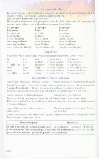 Le passé simple est un temps du passé qui appartient essentiellement à la
langue écrite. Il présente l’action comme achevée :
Des voitures passèrent dans la rue.
Il s’emploie souvent à la 3° personne, dans le récit historique, le reportage, le
roman, pour situer une action dans un passé bien défini.
Le passé simple
Iergroupe
Regarder
je regardai
tu regardas
il(elle) regarda
nous regardâmes
vous regardâtes
ils(elles) regardèrent
2egroupe
Finir
je finis
tu finis
il(elle) finit
nous finîmes
vous finîtes
ils(elles) finirent
3e groupe
Vouloir
je voulus
tu voulus
il(elle) voulut
nous voulûmes
vous voulûtes
ils(elles) voulurent
Imparfait
Vous trouvez l’imparfait si vous connaissez le présent avec « vous *.
Je ais avoir et» vous avez «
3
»j’avais
tu ais vouloir et» vous voulez tu voulais
il / elle / O
I1 ait prendre et> vous prenez et» il prenait
nous ions finir et» vous finissez eî» nous finissions
vous iez oublier et» vous oubliez et»vous oubliiez
ils / elles aient croire et» vous croyez et» ils croyaient
Imparfait et Passé Composé
Imparfait : situation, action, «cadre * Passé composé : événement du passé
Quand j’étais petit, il y avait un jardin ici, et puis, on a construit un immeuble.
Avant, d’habitude, il faisait du vélo, mais il a eu un grave accident.
Je faisais les courses, quand j’ai rencontré la voisine qui m’a dit que ...
Passé composé : action du passé Imparfait : description
Je suis allé à la campagne dimanche ; il faisait beau, tout était calme...
J ’ai avec quelqu’un qui était assis devant chez lui, c’était un vieil homme
très sympathique.
Imparfait : action qui se répète
(habitude)
Quand on raconte une histoire au
deux temps complémentaires.
Passe composé Imparfait
Il sert â présenter l’action comme un
événement, un fait ponctuel qui s’est
produit à un moment précis du passé
Il set à décrire * le décor » d’un évé­
nement particulier. la situation, les
circonstances.
Passé composé : action qui n’a lieu
qu’une fois
passé, le passé composé et l’imparfait sont
166
 