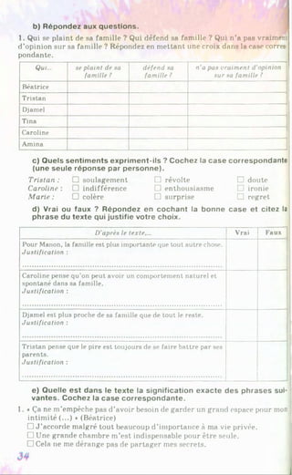 b) Répondez aux questions.
1. Qui se plaint de sa famille ? Qui défend sa famille ? Qui n’a pas vraiment
d’opinion sur sa famille ? Répondez en mettant une croix dans la case corres­
pondante.
Qui... se plaint de sa
famille ?
défend sa
famille ?
n'a pas vraiment d'opinion
sur sa famille ?
Béatrice
Tristan
Djamel
Tina
Caroline
Amina
c) Quels sentiments expriment-ils ? Cochez la case correspondante
(une seule réponse par personne).
Tristan : □ soulagement □ révolte □ doute
Caroline : □ indifférence □ enthousiasme □ ironie
Marie : □ colère □ surprise □ regret
d) Vrai ou faux ? Répondez en cochant la bonne case et citez la
phrase du texte qui justifie votre choix.
D'après le texte.... Vrai Faux
Pour Manon, la famille est plus importante que tout autre chose.
Justification :
Caroline pense qu’on peut avoir un comportement naturel et
spontané dans sa famille.
Justification :
Djamel est plus proche de sa famille que de tout le reste.
Justification :
Tristan pense que le pire est toujours de se faire battre par ses
parents.
Justification :
e) Quelle est dans le texte la signification exacte des phrases sui*
vantes. Cochez la case correspondante.
1. *Ça ne m’empêche pas d’avoir besoin de garder un grand espace pour mon
intimité (...) »(Béatrice)
□ J ’accorde malgré tout beaucoup d’importance à ma vie privée.
□ Une grande chambre m’est indispensable pour être seule.
□ Cela ne me dérange pas de partager mes secrets.
 