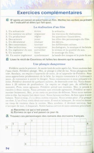 Exercices complémentaires
/ . D'après un roman on peut faire un film. M ettez les verbes au présent
de l’indicatif et dites qui fait quoi.
La réalisation d'un film
1. Un scénariste
2. Un metteur en scène
3. Un producteur
4. Des acteurs
5. Un décorateur
6. Des cameramen
7. Des techniciens
8. Un ingénieur du son
9. Un monteur
10. Un autre ingénieur
écrire
organiser
régler
jouer
réaliser
tourner
enregistrer
surveiller
faire
synchroniser
le scénario.
les travaux de réalisation,
les questions financières,
les rôles des personnages du film,
les décors.
les différentes scènes.
les dialogues, la musique et les bruits.
le niveau et la qualité du son.
le montage du film.
la bande des images et la piste du son.
Z. Lisez le récit de Cousteau et faites les devoirs qui le suivent.
Une plongée dangereuse
Frédéric saute le premier. Je saute tout de suite après lui. Nous sautons dans
l’eau claire. Frédéric plonge. Moi, je plonge à côté de lui. Nous plongeons très
vite. Soudain, un requin s’approche de nous. Je m’approche de Frédéric. Nous
nous approchons prudemment de la bête. Le requin commence à s’intéressera
nous. Je commence à sentir le danger. Nous commençons à nous préparer à la
lutte. Frédéric descend de quelques mètres. Je descends avec lui. Nous descen­
dons à 20 mètres de profondeur. Le requin ne réagit pas. Je réfléchis un
moment. Puis, nous agissons. Frédéric prend son couteau. Moi, je prends la
caméra à deux mains. Nous prenons une attitude agressive. Frédéric se met à
monter lentement. Moi, je me mets en position de défense. Nous nous mettons
côte à côte. Le requin fait demi-tour. Nous faisons surface. Je fais signe à notre
bateau. Tout à coup, il y a deux autres requins. Nous avons peur. J ’ai presque
un choc. L’un d’eux vient droit sur nous. Il veut m’attaquer. Je veux lui donner
un coup de couteau dans le ventre. Mais soudain, il devient nerveux. Sans
s’occuper de moi, il disparaît. Notre bateau arrive et nous sommes pris à bord.
a) Racontez ce qui s’est passé.
b) Écrivez ce qui s’est passé ce jour-là.
J . Trouvez ces personnages des romans des écrivains français.
 