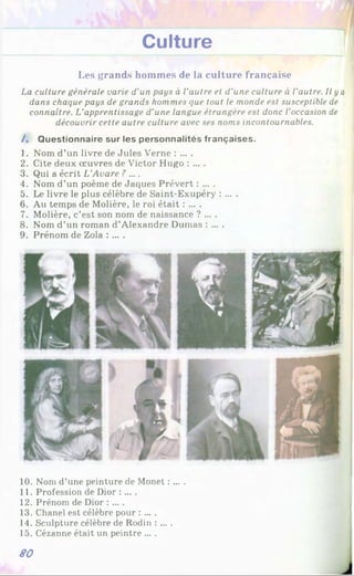 Culture [
Les grands hommes de la culture française
La culture générale varie d'un pays à l’autre et d'une culture à l’autre. Il y a
dans chaque pays de grands hommes que tout le monde est susceptible de
connaître. L'apprentissage d’une langue étrangère est donc l'occasion de
découvrir cette autre culture avec ses noms incontournables.
/ . Questionnaire sur les personnalités françaises.
1. Nom d’un livre de Jules Verne : ... .
2. Cite deux œuvres de Victor Hugo : ... .
3. Qui a écrit L'Avare ? ....
4. Nom d’un poème de Jaques Prévert : ... .
5. Le livre le plus célèbre de Saint-Exupéry : ... .
6. Au temps de Molière, le roi était : ... .
7. Molière, c’est son nom de naissance ? ... .
8. Nom d’un roman d’Alexandre Dumas : ... .
9. Prénom de Zola : ... .
10. Nom d’une peinture de Monet : ... .
11. Profession de Dior : ... .
12. Prénom de Dior : ... .
13. Chanel est célèbre pour : ... .
14. Sculpture célèbre de Rodin : ... .
15. Cézanne était un peintre ... .
80
 