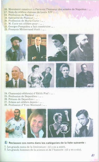 16. Monument construit à Paris en l’honneur des armées de Napoléon : ... .
17. Nom du célèbre château de Louis XIV : ... .
18. Profession de Pasteur : ... .
19. Spécialité de Pasteur : ... .
20. Profession de Marie Curie : ... .
21. M. Curie est célèbre pour : ... .
22. Georges Pompidou a fait construire ... .
23. François Mitterrand était : ... .
24. Chanson(s) célèbre(s) d’Édith Piaf : ... .
25. Profession de Depardieu : ... .
26. Prénom de Depardieu : ... .
27. Zidane est célèbre depuis : ... .
28. Profession d’Yves Montand : ... .
Z. Reclassez ces noms dans les catégories de la liste suivante :
1. Les grands noms de la littérature : (il y en a sept).
2. Les grands hommes de la science et de l’histoire : (il y en a six).
8/
 