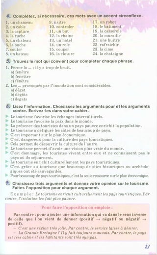 4 . Complétez, si nécessaire, ces mots avec un accent circonflexe.
1. un chameau
2. un cable
3. la capture
4. la ruche
5. un chateau
6. la bûche
7. coûter
8. un bateau
9. naitre
10. contrôler
11. un but
12. la chaine
13. un hôtel
14. un rôle
15. couper
16. la clôture
17. un robot
18. le batiment
19. la casserole
20. la muraille
21. une huitre
22. rafraichir
23. la cime
24. la châtaigne
5. Trouvez le mot qui convient pour compléter chaque phrase.
1. Ferme la ... ; il y a trop de bruit.
a) fenêtre
b) fenettre
c) fenêtre
2. Les ... provoqués par l’inondation sont considérables.
a) dégât
b) dégâts
c) dégâts
6. Lisez l’information. Choisissez les arguments pour et les arguments
contre. Écrivez-les dans votre cahier.
Le tourisme favorise les échanges interculturels.
Le tourisme favorise la paix dans le monde.
La présence des touristes dans un pays pauvre enrichit la population.
Le tourisme a défiguré les côtes de beaucoup de pays.
C’est important sur le plan économique.
C’est dangereux pour la culture des pays touristiques.
Cela permet de découvrir la culture de l’autre.
Le tourisme permet d’avoir une vision plus vraie du monde.
C’est dommage, les touristes vivent entre eux et ne connaissent pas le
pays où ils séjournent.
Le tourisme enrichit culturellement les pays touristiques.
C’est grâce au tourisme que beaucoup de sites historiques ou archéolo­
giques ont été sauvegardés.
Pour beaucoupdepays touristiques, c’est laseule ressourcesur leplan économique.
Choisissez trois arguments et donnez votre opinion sur le tourisme.
Faites l’opposition pour chaque argument.
Ex e mp l e : Le tourisme enrichit culturellement les pays touristiques. Par
contre, l'isolation les fait plus pauvre.
Pour faire l'opposition on emploie :
Par contre : pour ajouter une information qui va dans le sens inverse
de celle que l’on vient de donner (positif —
» négatif ou négatif —
>
positif).
- C’est une région très jolie. Par contre, le service laisse à désirer.
- La Grande Bretagne ?Il y fait toujours mauvais. Par contre, le pays
est très calme et les habitants sont très sympas.
2
J
 