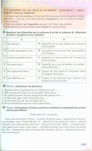 2. L’antécédent est une chose ou un animal —préposition + lequel,
laquelle, lesquels, lesquelles
-Au zoo, il y a des animaux. Il est interdit de donner de la nourriture à ces
animaux.—
*Au zoo, il y a des animaux auxquels il est interdit de donner
la nourriture.
- Voici des photos sur lesquelles on peut voir toute ma famille.
- Une scie est un instrument avec lequel on coupe le bois.
Associez les élém ents de la colonne A et de la colonne B. Attention
au sens, au genre et au nom bre.
A B
1 La voiture... A laquelle ils se sont battus est toujours
d’actualité.
2 Le faux passeport avec... B lesquelles nous avons fait des graffitis
ont disparu.
3 Le lait en poudre sans... C lesquels se sont cachés les terroristes
sont connus.
4 La cause pour... I) laquelle on a mis la bombe est entière­
ment détruite.
5 Les logements dans... E lequel ils ont passé la frontière était
d’origine française.
6 Les affiches sur... F lequel on ne pourrait pas nourrir ces
enfants est arrivé hier.
10. Devoir. Continuez les phrases.
1. Il porte encore aujourd’hui les vêtements avec ... .
2. Elle a conservé toute sa vie la petite boîte dans ... .
3. Ils collectionnent depuis longtemps des photos sur ... .
4. Voilà notre plus vieux fauteuil sous ... .
5. Je suis très fier de ces résultats pour ... .
6 . Ils ont décidé de montrer cette pièce dans ... .
//. Devoir. Complétez le texte suivant en m ettant à l’im parfait les verbes
entre parenthèse.
Souvenir de vacances
Vous vous souvenez ? Nous ... (avoir) 12 ans et nous ... (passer) nos vacanc­
es à Antibes, chez l’oncle David. Il ... (être) très amusant et il nous ... (faire)
toujours rire. Nos petites cousines ... (avoir) 4 et 6 ans. Elles ... (vouloir) tou­
jours jouer avec nous, mais nous ... (préférer) sortir avec des jeunes de notre
âge. On ... (adorer) la mer et les gens des Antibes. On ne ... (vouloir) plus ren­
trer à la maison !
145
 