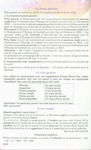 Elle permet de mettre en valeur le complément direct d’un verbe.
1. La transformation passive
• Au présent À Dnipropetrovsk les constructeurs construisent le nouveau
stade pour le Championnat d’Europe de football qui aura lieu en Ukraine en
2012. —
»Lenouveau stade est construit par lesconstructeurs àDnipropetrovsk
pour le Championnat d’Europe de football qui aura lieu en Ukraine en 2012.
• Au passé À Donetsk les constructeurs ont construit le nouveau stade pour
le Championnat d’Europe de football qui aura lieu en Ukraine en 2012. -> Le
nouveau stade a été construit à Donetsk par les constructeurs pour le
Championnat d’Europe de football qui aura lieu en Ukraine en 2012.
• Au futur À Lviv les constructeurs construiront le nouveau stade pour le
Championnat d’Europe de football qui aura lieu en Ukraine en 2012 —
»Le
nouveau stade sera construit à Lviv par les constructeurs pour leChampionnat
d’Europe de football qui aura lieu en Ukraine en 2012.
Attention ! « De * peut s’employer à la place de « par » quand le nom mis en
valeur n’est pas vraiment actif.
Le président est accompagné de sa femme. C’est une actrice de grand talent
est aimée et appréciée de tout le monde.
2. Construction sans complément (souvent utilisée quand on ne connaît pas
le sujet)
On a construit ce stade pour le Mondial. —
»Ce stade a été construit pour le
Mondial.
La voix passive
La forme passive
Les verbes se construisant avec un complément d’objet direct (les verbes
transitifs) peuvent être mis au passif à tous les temps en conjuguant
l’auxiliaire être suivi du participe passé du verbe.
Présent Je suis invité
Imparfait J ’étais invité
Passé composé J ’ai été invité
Futur simple Je serai invité
Futur proche Je vais être invité
Passé immédiat Je viens d’être invité
Attention ! Le participe passé s’accorde toujours avec le sujet.
Elle est invitée.
Futur simple
Quand emploie-t-on le futur ?
Lorsque l’on pense qu’un événement se déroulera après le moment où l’on
parle, on le situe dans le futur.
E x e m p l e : Quand je serai grande, il faudra que tout soit éclairé. Et je
mangerai de la confiture et du pâté de foie sur des tartines de pain. Et je me
tiendrai sur le toit de la maison d’où je lancerai des navets dans toutes les
directions quand on m’en apportera et que je n’aurai pas envie de les préparer.
Quand je serai grande
Formation régulière
• Pour former le futur simple, on ajoute à l’infinitif les terminaisons : - ai,
- as, - a, - ons, —ez, —
ont.
 