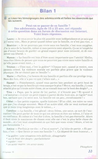 Bilan 1
A a) Lisez les témoignages des adolescents et faites les exercices qui
les suivent.
Peut-on se passer de sa famille ?
Des adolescents, âtfes de 15 à 25 ans, ont répondu
Acette question dans un forum de discussion sur Internet.
Voici leurs réponses.
Laura : ♦.Je veux avoir le plus tôt possible mon indépendance et je sais que
je l’aurai vite...Mais je pense quand même que la famille, ce n’est pas rien. *
Béatrice : « Je ne pourrais pas vivre sans ma famille, c’est mon oxygène.
J’ai le sens de la famille, même si mes parents sont séparés. Ça ne m’empêche
pas d’avoir besoin de garder un grand espace pour mon intimité, et de con­
server ma liberté. »
Manon : « La famille est loin d’être aussi importante que l’amitié ! Enfin,
vous êtes libres de penser que vous ne pourriez pas vivre sans votre famille et
qu’elle passe avant tout... *
Tristan : « Chez moi, c’est la galère* ! Chaque soir, quand je rentre, mes
parents crient. La violence morale est parfois plus grave que la violence
physique. On ne choisit pas sa famille ! *
Marie : « Parfois, j’ai besoin de ma famille et parfois elle me protège trop.
Mais des fois, elle n’a pas vu que j’allais mal... *
Djamel : « Franchement, quand vous partez loin pendant un petit bout de
temps, n’est-ce pas la famille (pii vous manque le plus ? Moi si, ma famille, j’ysuis
attaché plus qu’à toute autre chose, on se connaît tous sur le bout des doigts*... *
Tina : « Papa, pas la peine de lui parler, il n’écoute pas î Et quand il
« m’autorise *à avoir un petit copain à partir de dix-huit ans, je rigole* tout
bas, sachant que j’ai seize ans. La famille est un peu...envahissante ! *
Chloé : ♦ Les petits copains, quelle histoire ! D’un côté, ma mère ne veut
pas que j’en change souvent. Mais d’un autre côté, elle ne veut surtout pas
que je reste trop longtemps avec le même... *
Caroline : « La famille, c’est génial : deux frères, une sœur, ça met de l’ani­
mation !On peut parler de tout ce qui est sérieux et être soi-même, à l’aise et
en confiance. Et même si c’est dur à dire, la famille n’est pas éternelle. Alors
il faut vivre le maximum de choses avec elle car c’est la plus belle chose du
monde... et c’est tout simplement ce qui fait que vous vivez ! Alors, n’est-ce
pas formidable ? *
Amina : « Parfois je me dis : «J ’en ai marre*, j’ai hâte de partir. * Et par­
fois, c’est : ♦Que ferais-je sans ma famille ? *. Ça dépend de mon humeur... »
* la galère : une situation très difficile, désagréable
* sur le bout des doigts :parfaitement
* rigoler : rire
* en avoir marre : en avoir assez
2 Franaas, 10
Phosphore
33
 