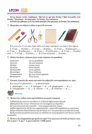 15
3) La classe verte, expliquer : Qu’est-ce qu’une ferme ? Qui travaille à la
ferme ? Dessiner : les paysans, la ferme, les animaux.
4) Faire les phrases avec les mots donnés ( les paysans, la ferme, les animaux).
5. Regardez ces objets et dites à quoi ils servent.
E x e m p l e: C’est une règle. Elle sert pour souligner ou tracer des lignes.
1. C’est … . Il (elle) … . 2. C’est … . Il (elle) … . 3. C’est … . Il (elle) sert … .
4. C’est … . Il (elle) sert … . 5. C’est … . Il (elle) sert … . 6. C’est … . Il (elle)
sert … . 7. C’est … . Il (elle) … … . 8. C’est un (une) … . Il (elle) … .
6. Reliez les deux colonnes (une seule réponse est possible).
1)réciter a) un problème
2) avoir b) une histoire
3)aller c) par cœur
4) relire d) sa dictée
5)résoudre e) un poème
6)corriger f) au tableau
7)apprendre g) une interrogation
8) raconter h) la leçon
7. Formez à partir des mots suivants les adjectifs correspondants en -ique.
E x e m p l e: géométrie géométrique
1. philologie …; 2. biologie …; 3. géographie … ;
4. orthographe … ; 5. chimie … ; 6. histoire … .
Devoir.
8. Mettez les verbes entre parenthèses au passé composé.
1)Patrick (avoir) un accident et il (être) légèrement blessé.
2) Il (jeter) les vieux vêtements et il (ranger) sa chambre.
3)Vous (suivre) ses conseils : vous (apprendre) la leçon.
4) Elle (perdre) la clé de son appartement ; alors elle (appeler) un serrurier.
5)Les enfants (faire) beaucoup de bruit et c’est pourquoi je (dormir) mal.
6)Nous (reconnaître) nos amis au théâtre et nous (passer) une bonne soirée
ensemble.
9. Écrivez la composition qui porte le sujet Vos souvenirs d’école primaire sont
liés à quoi ? À qui ? À quel endroit ? (100 mots)
3
Klimenko_JuM_Fr_m_10-1ukr.indd 15 29.06.2010 16:05:12
 