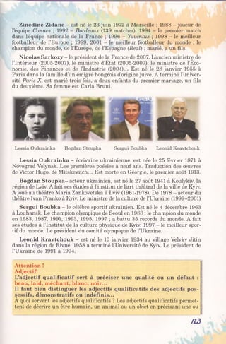 Zinedine Zidane - est né le 23 juin 1972 à Marseille ; 1988 - joueur de
l’équipe Cannes ; 1992 - Bordeaux (139 matches), 1994 - le premier match
dans l’équipe nationale de la France ; 1996 - Yuventus ; 1998 - le meilleur
footballeur de l’Europe ; 1999, 2001 - le meilleur footballeur du monde ; le
champion du monde, de l’Europe, de l’Espagne (Real) ; marié, a un fils.
Nicolas Sarkozy - le président de la France de 2007. L’ancien ministre de
l’Intérieur (2005-2007), le ministre d’État (2005-2007), le ministre de l’Éco­
nomie, des Finances et de l’Industrie (2004)... Est né le 28 janvier 1955 à
Paris dans la famille d’un émigré hongrois d’origine juive. A terminé l’univer­
sité Paris X, est marié trois fois, a deux enfants du premier mariage, un fils
du deuxième. Sa femme est Caria Bruni.
Lessia Oukrainka - écrivaine ukrainienne, est née le 25 février 1871 à
Novograd Volynsk. Les premières poésies à neuf ans. Traduction des œuvres
de Victor Hugo, de Mitskevitch... Est morte en Géorgie, le premier août 1913.
Bogdan Stoupka- acteur ukrainien, est né le 27 août 1941 à Koulykiv, la
région de Lviv. A fait ses études à l’institut de l’art théâtral de la ville de Kyiv.
A joué au théâtre Maria Zankovetska à Lviv (1961-1978). De 1978 - acteur du
théâtre Ivan Franko à Kyiv. Le ministre de la culture de l’Ukraine (1999-2001)
Sergui Boubka - le célèbre sportif ukrainien. Est né le 4 décembre 1963
à Louhansk. Le champion olympique de Séoul en 1988 ; le champion du monde
en 1983, 1987, 1991, 1993, 1995, 1997 ; a battu 35 records du monde. A fait
ses études à l’Institut de la culture physique de Kyiv. 1997 - le meilleur spor­
tif du monde. Le président du comité olympique de l’Ukraine.
Leonid Kravtchouk - est né le 10 janvier 1934 au village Velyky Jitin
dans la région de Rivné. 1958 a terminé l’Université de Kyïv. Le président de
l’Ukraine de 1991 à 1994.
Attention !
Adjectif
L’adjectif qualificatif sert à préciser une qualité ou un défaut :
beau, laid, méchant, blanc, noir...
Il faut bien distinguer les adjectifs qualificatifs des adjectifs pos­
sessifs, démonstratifs ou indéfinis...
A quoi servent les adjectifs qualificatifs ? Les adjectifs qualificatifs permet­
tent de décrire un être humain, un animal ou un objet en précisant une ou
/1 3
 