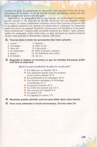 nisation du pays. La promenade du dimanche pour prendre le bon air, la fré­
quentation de la messe, la vie de famille étaient considérées comme des élé­
ments importants pour la vie des gens.
Aujourd’hui, les dimanches ont un peu changé. On se lève tard (« on fait la
grasse matinée »). Le déjeuner de famille dominical est une coutume restée
très vivace. Le menu traditionnel comporte encore bien souvent un poulet rôti
et un gâteau (préparé à la maison ou acheté chez le pâtissier). Le dimanche
matin est aussi un moment d’activité intense pour les bricoleurs ou les jardi­
niers occasionnels ! L’après-midi est plutôt consacré aux loisirs : sport, prome­
nades à la campagne, visite à des amis, ou plus rarement au musée (certains
musées sont gratuits le dimanche), cinéma, télévision.
Z . Trouvez dans le texte les synonymes des mots suivants :
1. rester - 7. demain -
2. envisager - 8. aller au lit -
3. chez soi — 9. à peu près -
4. de dimanche — 10. faire la grasse matinée —
5. grave - 11. les habitants des villes —
6. le balade - 12.un an -
<3. Regardez le tableau et racontez ce que les familles françaises préfè­
rent faire le week-end.
Qu’et-ce que symbolise le plus le week-end ?
► Un déjeuner en famille 36 %
► Les moments passés avec les enfants
ou les petits-enfants 35 %
► La promenade à la campagne 30 %
► Les travaux ménagers, le bricolage,
le jardinage 21 %
► La grasse matinée 19 %
► La sortie du samedi soir 15 %
► Les courses du samedi 9 %
► La messe 8 %
► Le jogging du matin 3 %
4 . Racontez quelles activités sont les plus faites dans votre famille.
5 , Vous vous présentez à l’école économique. Écrivez votre CV.
/34
 