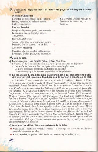 «3« Décrivez le déjeuner dans de différents pays en employant l’article
partitif.
Olessia (Ukraine)
Pavlo (Russie)
Soupe de légumes, pain, charcuterie. —»
Pelmenies, crème fraîche, sauce.
Thé, pâtes.
Ray (Angleterre)
Soupe, rôti, légumes, pudding, sauce.
Dessert, fruits, toasts, thé au lait. —>
Antony (France)
Carottes râpées, poulet et légumes. —»
Fromage, fruits, pain, eau minérale.
4 . Jeu de rôle.
a) Personnages : une famille (père, mère, fille, fils).
Situation : tout le monde se met à table pour prendre le déjeuner.
- Les enfants donnent leurs appréciations sur le plat servi.
- Le père demande comment sa femme l’a cuisiné.
- La mère explique la recette et précise les ingrédients.
b) En groupe de 4, imaginez puis jouez une scène qui présente une publi­
cité pour un plat ukrainien. N’oubliez pas de donner la recette de ce plat.
- Exemple d’une recette de bortsch, simple à réaliser : Versez 2 litres
d’eau dans une grande cocotte et placez-y la viande (1 kg du porc coupé en
morceau). Portez lentement à ébullition. Salez et poivrez le liquide de cuis­
son. Pendant ce temps, pelez les betteraves (500 g), les pommes de terre (5),
les carottes (4). Coupez les betteraves et les carottes en de très fines lamelles,
les pommes de terre en deux, rincez et coupez finement le chou (1 chou blanc).
Hachez l’oignon (1) et écrasez l’ail (2 gousses) et le lard (une cuillère). Faites
fondre le beurre (50 g) dans une petite poêle et faites-y revenir la betterave, la
carotte et l’oignon. Faites dorer le tout avec 2-3 cuillères à soupe de concentré
de tomates 10 minutes à feu doux. Laissez cuire la viande pendant 3 heures
à feu doux. Au bout d’une heure, ajoutez le chou et les pommes de terre. Dans
15 minutes, noyez la petite poêle (déjà refroidie) dans le bouillon et versez-y
son contenu. Faites cuire le tout encore 10 minutes. Ajoutez l’ail et le lard
écrasés. Fermez le couvercle et arrêtez le feu. Dernier conseil : laissez reposer
le bortsch pendant 30 minutes. Servez avec de la crème fraîche (une cuillère
par assiette) ! Prévoyez éventuellement des pampouchky - petit pains frais
qui accompagne le bortsch.
c) Vous pouvez utiliser les plats suivants de la liste.
O Varenyky- sorte de raviolis fourrés de fromage frais ou fruits. Servis
avec de la crème fraîche.
© Pampouchky- petits pains frais qui accompagne le bortsch.
Borchtch de betterave, pain, lardon.
Steak, vermicelle, salade, sauce.
Galette, compote.
En Ukraine Olessia mange du
borchtch de betterave, du
pain ...
m
 