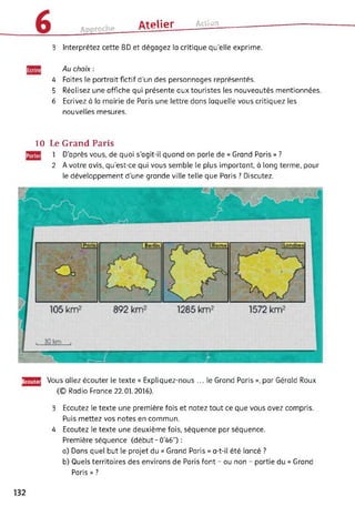 Annrnrhe
Atelier Action
3 Interprétez cette BD et dégagez la critique qu’elle exprime.
Au choix :
4 Faites le portrait fictif d’un des personnages représentés.
5 Réalisez une affiche qui présente aux touristes les nouveautés mentionnées.
6 Ecrivez à la mairie de Paris une lettre dans laquelle vous critiquez les
nouvelles mesures.
10 Le Grand Paris
1 D’après vous, de quoi s’agit-il quand on parle de « Grand Paris » ?
2 A votre avis, qu'est-ce qui vous semble le plus important, à long terme, pour
le développement d'une grande ville telle que Paris ? Discutez.
Ecoutei Vous allez écouter le texte « Expliquez-nous ... le Grand Paris », par Gérald Roux
(© Radio France 22.01.2016).
3 Ecoutez le texte une première fois et notez tout ce que vous avez compris.
Puis mettez vos notes en commun.
4 Ecoutez le texte une deuxième fois, séquence par séquence.
Première séquence (début-0'46”) :
a) Dans quel but le projet du « Grand Paris » a-t-il été lancé ?
b) Quels territoires des environs de Paris font - ou non - partie du « Grand
Paris » ?
132
 