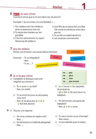 Approche Atelier Action 1
6 parler Je suis triste
Comment est-ce que tu te sens dans ces situations?
Exemple: 1. Je suis triste./Je suis fâché(e). /...
1. Ton meilleur ami/ta meilleure
amie ne parle plus avec toi.
2. Tu reçois des insultes sur ton
portable.
3. C’est ton anniversaire, tu reçois
beaucoup de cadeaux.
4. Une fille de ta classe fait une fête.
Elle invite ta meilleure amie mais
pas toi.
5. Tu as fait un match de tennis.
6. Les vacances commencent.
7 Jeu de mimes
Mimez une émotion. Les autres élèves devinent.
Exemple: - Tu es fatigué(e)?
- Non.
- Tu es ... amoureux/amoureuse
content(e)
8 Je n’ai pas envie
a Complétez le dialogue avec une
négation qui convient.
1. - Tu ■ joues ■ au foot?
- Non, j’ai arrêté.
2. - Tu as envie de jouer au ping-pong
avec moi?
- Non, je ne peux pas. Je ai
■ fait mes devoirs.
b Trouvez une réponse.
1. - On va au cinéma cet après-midi?
- Non,...
2. - On fait encore un match de ping-pong?
- Non,...
ne ... pas
ne ... plus
ne ... rien
ne ... pas encore
3. - Je trouve ■ les raquettes
de ping-pong.
- Ça fait ■. On peut jouer au
babyfoot.
4. - On fait encore une partie de
babyfoot?
- Non, je ■ ai ■ envie.
3. - Tu veux encore un jus d'orange?
- Non merci, ...
4. - Je suis désolée pour le retard.
15
 