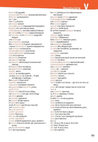 Vocabulaire
l'amitié (f.) дружба
amoureux/amoureuse закоханий/закохана
s'amuser розважатися
un an рік
à 8 ans y 8 років
un ananas ананас
ancien/ancienne стародавній/стародавня
l’anglais (m.) англійська мова
anglais/anglaise англійський/англійська
un animal/des animaux тварина/тварини
un animateur/une animatrice ведучий/
ведуча
une année рік
un anniversaire річниця
Bon anniversaire! З днем народження!
Joyeux anniversaire. З днем народження,
une annonce оголошення
anonyme/anonyme анонімний
antillais/antîllaise антільський
août (m.) серпень
un apéritif аперитив
un appareil прилад
un appareil lectronique електронний
прилад
à l’appareil біля телефону
un appartement квартира
appeler звати
appeler qc телефонувати
Je vous appelle au sujet de ... Я вам
телефоную з приводу...
Bon appétit! Смачного!
apporter приносити
apprendre пізнавати, вчитися
un apprenti/une apprentie учень
après після
l'après-midi (m.) (f.) після обіду
cet après-midi сьогодні після обіду
un arbre дерево
un archipel архіпелаг
les arènes (f.) (pL) арени
l'argent (m.) гроші
assez d'argent достатньо грошей
une armoire шафа
un arrêt зупинка
arrêter зупиняти
Arrête. Припини,
l’arrivée (f.) прибуття
arriver прибувати
arriver à (faire) вдаватися щось зробити
Ça arrive à tout le monde. Це трапляється з
усіма.
un arrondissement округ
l'art (m.) мистецтво
les arts plastiques (m.) образотворче
мистецтво
un artiste/une artiste художник
asiatique/asiatique азійський
une assiette тарілка
être assiste) сидіти
assister à qc бути присутнім
un atelier майстерня
Ils se font souvent attaquer. їх часто
атакують.
attendre qn/qc чекати
Attention! Обережно!
faire attention звернути увагу
attirer приваблювати
une ubergine баклажан
Aucune idée. Жодної ідеї,
au-delà des frontières за межами, за
кордоном
aujourd’hui сьогодні
aussi також
aussi haut/haute (que) такий же високий
aussitôt негайно
australie / Jenne австралійський
automatiquement автоматично
une autoroute автобан
autour de... навколо
autre/autre інший
d’autres clients інші клієнти
autrefois колись
avancer просувати
avant раніше
Avant d’aller à la messe ... До того як піти на
месу...
avant de manger перед тим як сісти їсти
avec з
une aventure пригода
vu d’ivion краєвид з літака
un avis думка
à votre avis на вашу думку
avoir мати
avoir confiance en довіряти
avo de la chance (de) мати везіння
avo envie de faire qc мати бажання щось
зробити
avoir la forme бути y формі
avoir l’air мати вигляд
avoir mal (à / au) страждати від болю
avoir peur боятися
il y a є
J’ai 16 (sur 20). У мене 16 (з 20).
J’ai faim. Я хочу їсти.
J'ai soif. Я хочу пити.
avril (т.) квітень
151
 