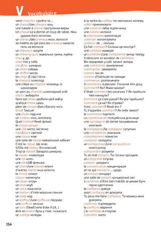 гИЗшТпйїн
venir chercher прийти за ...
un cheval/des chevaux кінь
une balade à cheval прогулянка верхи
Un cheval lui a donné un coup de sabot. Кінь
ударив його копитом.
un cheveu/des cheveux коси, волосся
se mettre du gel dans les cheveux нанести
гель на волосся
un chevreuil косуля
un chewing-gum жувальна гумка, жуйка
chez у, до
chez moi у себе
chic/chic шикарно
un chien собака
un chiffre число
les chips (f.)(pl.) чіпси
le chocolar шоколад
une crêpe au chocolat млинець із
шоколадом
un pain au chocolat шоколадний хліб
choisir вибирати
faire son choix зробити свій вибір
quelque chose щось
plein de choses (fam.) багато чого
Chut! Тихіше!
une chute падіння
un cinéma кіно, кінотеатр
Quel cinéma! Який фільм!
le circuit ланцюг
une cité місто, містечко
clair/claire світлий
une classe клас
une salle de classi навчальний кабінет
C'est la classe. Це клас.
Il/Elle est classe. Він класний.
Trop la classe! Занадто шикарно.
le clavier клавіатура
une clé ключ
une clé USB-флешка
un client/une cliente клієнт
d’autres clients інші клієнти
le climat клімат
cliquer натиснути
un clown клоун
un club клуб
un coca кока-кола
un cochon d'Inde морська свинка
un code код
un coiffeur/une coiffeuse перукар
une coiffure зачіска
un coin [5kw5] eine Ecke III1A, 1
être en colère бути y гніві, гніватися
un collège коледж
à la sortie du collège по закінченні колежу
coller приклеювати
une colo(nie) табір відпочинку
une colonie колонія
la colonisatio колонізація
coloniser колонізувати
combien de... скільки
Ça fait combien? Скільки це коштує?
une comédie комедія
un comédien/une comédienne актор театру
Il découvre sa vocation de comédien.
Він відкриває y собі талант актора,
une commande замовлення
commander замовляти
comme так як
comme d’habitude як завжди
commencer розпочинати
Il commence à pleuvoir. Починає йти дощ.
Comment? Як? Яким чином?
C'était comment tes vacances ? Як пройшли
твої канікули?
Comment ça s’est passé? Як усе пройшло?
Comment ça va? Як справи?
Il est comment? Який він ?
Tu t’appelles comment? Як тебе звати?
le commerce торгівля
un zommissariat поліцейська дільниця
une compagnie de danse танцювальна
компанія
le compagnon/la compagne супутник
une compétition змагання
complètement повністю
composer складати
un compositeur/une compositrice
композитор
comprendre розуміти
Tu as mal compris. Ти погано зрозумів,
un comprimé пігулка
compter рахувати
la concentration концентрація
en ce qui concerne ... щодо
un concert концерт
une salle de concert концертний зал
à condition d'être bien habillé за умови бути
гарно одягненим
la confiance довіра
avoir confiance en довіряти
Tu peux me faire confiance. Ти можеш мені
довіряти.
confirmer підтвердити
la confiture варення
j'ai confond я сплутав
connaître знати
154
 