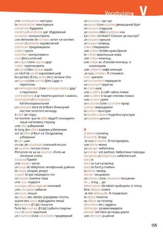 Vocabulaire
une zonséquence наслідок
la construction конструкція
construire будувати
construit/construite par збудований
consulter консультувати
une demande de contact запит на контакт
content/contente задоволений
continuer продовжувати
contre проти
contrôler контролювати
cool (fom.) класний
uncopain/une opine друг
copier переписувати
un corail/des coraux корал
un récif de corail кораловий риф
les parties (f.) du corps (m.) частини тіла
un corn /une corres (fomJ друг з
переписки
un correspondant/une correspondante друг
з переписки
correspondre à qc переписуватися з кимось
cosmopolite/cosmopolite
багатонаціональний
un costume doré et brilliant блискучий
костюм золотого кольору
à côté de поруч
ne montrer que le c négatif показувати
лише негативну сторону
une côte узбережжя
le long des côtes вздовж узбережжя
sur la Côte d'Azur на Лазуровому
узбережжі
le cou шия
un sac de couchage спальний мішок
se coucher лягати спати
Personne ne va se coucher. Ніхто не
лягатиме спати.
Coucou! Привіт!
une couleur колір
un coup de téléphone телефонний дзвінок
la coupe розрив, розріз
couper le gaz перекрити газ
un couple сімейна пара
une cour подвір'я
courageux/courageus сміливий
une courgette кабачок
un cours лекція
au cours des siècles упродовж століть
suivre des cours відвідувати лекції
les courses (f.) (pi.) покупки
faire les courses (f.) (pl.) робити покупки
court/courte короткий
un courtisan/une courtisane придворний
un couscous кус-кус
un cousin/une cousin двоюрідний брат
un coussin подушка
un couteau/des couteaux ніж
Ça coûte combien? Скільки це коштує?
un couvert кришка
un crayon олівець
créer створювати
une crème brûlée крем-брюле
le créole креольська мова
une crêpe млинець
une crêpe au chocolat млинець із
шоколадом
une crêperie кафе млинців
Je suis crevé(e). Я стомився,
crier кричати
un croisement перехрестя
un croissant круасан
le cross крос
une cuillère à café чайна ложка
une cuillère à soupe столова ложка
une cuisine кухня
un cuisinier/une cuisinière кухар
cultiver вирощувати
la culture культура
la double culture подвійна культура
un cyclone циклон
D
d'abord спочатку
D'accord. Згода.
Je suis d'accord. Я погоджуюсь,
une dame жінка
un danger небезпека
Le danger est partout. Небезпека повсюди,
dangereux/dangereuse небезпечний
dans в
dans la rue на вулиці
dans le fond y глибині
la danse танець
danser танцювати
un danseur/une danseuse танцівник
de ... à від ... до
débarrasser (la table) прибирати зі столу
être debout стояти
Je me débrouille. Я справлюся.
le début початок
au début на початку
décembre (m.) грудень
décharger розвантажувати
décider (de faire qc) вирішувати
une décision рішення
155
 