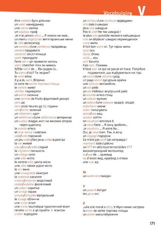 Vocabulaire
être valable бути дійсним
un valet камердинер
une valise валіза
un vautour гриф
Je n'ai jamais vécu ... Я ніколи не жив...
un menu végétarie вегетаріанське меню
le vélo велосипед
un vendeur/une vendeuse продавець
vendre продавати
vendredi (m.) п’ятниця
venir приходити
faire venir qn привести когось
venir chercher піти за кимось
ll/Elle vient de ... Він родом із...
Tu viens d’où? Ти звідки?
Le vent вітер
Il y a du vent. Вітряно.
la zone de vente торгова площа
le ventre живіт
vérifier перевіряти
un verre склянка
une verri de fruits фруктовий десерт
vers до
vers onze heures до 11 години
vert/verte зелений
un vêtement одяг
un vétérinaire/une vétérinaire ветеринар
un viaduc віадук, міст на високих опорах
через ущелину
la viande м'ясо
et vice-versa і навпаки
vide/vide порожній
un jeu vide /des jeux vidé відеогра
la vie живий
vieux/vieil/vieille старий
la vigilance пильність
un village село
une ville місто
le centre-ville центр міста
une і lie natale рідне місто
le vin вино
une vinaigrette вінегрет
la violence насилля
violent/violente жорстокий
violet/violetie фіолетовий
un violon скрипка
un virage віраж
virtuel/virtuelle віртуальний
le visage обличчя
une visite візит
une visite touristique туристичний візит
rendre visite a qn прийти з візитом
visiter відвідати
un visiteur/une visiteuse відвідувач
vite (adv.) швидко
plus vite швидше
Pas si vite! Не так швидко !
le plus vite possible якомога найшвидше
vite se déplacer швидко переміщатися
vivre жити
Il fait bon vivre ici. Тут гарно жити.
voici ось
Voilà. Отже.
voilà... ось
voir бачити
Fais voir. Покажи.
Il faut voir ce qui se passe en haut. Потрібно
подивитися, що відбувається на горі.
un voisin/une voisine сусід
un pays voisin сусідська країна
une voiture автомобіль
un vol рейс
un vol intérieur внутрішній рейс
la volaille м’ясо птиці
un volcan вулкан
un voleur/une voleuse крадій, злодій
volontiers охоче
voter голосувати
votre/vos ваш
vouloir хотіти
on voudrait хотілося 6
Je veux faire ... Я хочу зробити...
Je voudrais ... Я хотів би...
Oui, je veux bien. Так, я хочу.
un voyage подорож
Ce n’est pas vrai! Це неправда !
vraiment (adv.) дійсно
un VT (= vélo tout terrain)/des VTT
високопрохідний велосипед
vu/vue de... краєвид
vi d'avion вид, краєвид з літака
une vue зір
W
un week-end вихідні
Y
un yaourt йогурт
les yeux очі
Z
Julie a le moral a zéro. У Жулі немає настрою,
la zone de vente торгова площа
un zoom масштабування
171
 