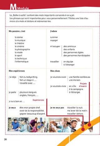 Modu
La „Boîte à outils" contient des mots importants consacrés à ce sujet.
Les phrases qui sont importantes pour vous personnellement ? Faites une liste d'au
moins dix mots et dictons et mémorisez-les.
Ma passion, c'est J’adore
la danse cuisiner
la musique
te théâtre
voyager
le cinéma m'occuper des animaux
la photographie des enfants
la mode des personnes âgées
le sport des personnes handicapées
la technique
l'informatique travailler en équipe
à l'étranger
Mes expériences Mes rêves
J’ai déjà fait du babysitting. Je voudrais avoir une famille nombreuse.
fait un stage à ... une maison.
travaillé avec ... Projets
Je voudrais vivre en ville, d’avenir
à la campagne.
Je parle plusieurs langues,
anglais,français, ...
1 à l’étranger.
. . Expériences
Je suis bon en ...
Je veux être mon propre chef. Je ne veux pas travailler la nuit.
avoir de la responsabilité. me lever tôt le matin.
gagner beaucoup d’argent. travailler dehors.
26
 