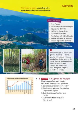 Approche
A la fin de la leçon vous allez faire
une présentation sur la Guadeloupe.
Pays: France
d outre-mer (DROM)
Préfecture: Basse-Terre
Statut: Département et région
Superficie: 1 704 km2
Population: 463 000 habitants
Langue officielle: le français
Langue régionale: le créole
mi
li
SvStÆ J
ü H S1
•y / 3 £ i * r • t. ' • X "IL"
SL
?- v / £ ■*’. 5-"? 'j
En Guadeloupe, on trouve une
grande diversité de paysa­
ges: forêt tropicale, volcans,
plantations de bananes et de
canne à sucre, longues plages
de sable blanc ou noir...
Le long des côtes pous­
se la mangrove. On peut
la visiter en bateau.
Précipitations et températures, Guadeloupe
22
3 écouter A l’agence de voyages
Lisez les questions, puis écoutez
l’entretien. Répondez aux questions.
1. Où est-ce que le client veut partir?
2. Quelle saison propose l’employé de
l’agence? Pourquoi?
3. Quand est-ce que le client peut
partir?
4. Quelle activité est-ce qu’il va
faire là-bas?
63
 