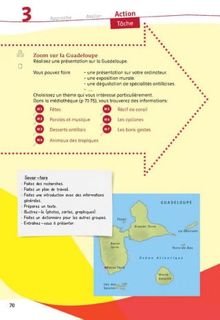 Approche Atelier Action
Tâche ••
• • • •••••••••••••••••••••••••••••••
©
□
Zoom sur la Guadeloupe
Réalisez une présentation sur la Guadeloupe.
Vous pouvez faire - une présentation sur votre ordinateur.
- une exposition murale.
- une dégustation de spécialités antillaises.
Choisissez un thème qui vous intéresse particulièrement.
Dans la médiathèque (p 71-75), vous trouverez des informations:
Fêtes
Paroles et musique
Desserts antillais
Récif de corail
Les cyclones
• • • •
Animaux des tropiques
Les bons gestes
•••••••••••••••• ••••••••
• <••
Savoir-faire
• Faites des recherches.
• Faites un plan de travail.
• Faites une introduction avec des informations
générales.
• Préparez un texte.
• lllustrez-le (photos, cartes, graphiques).
• Faites un dictionnaire pour les autres groupes.
• Entraînez-vous à présenter.
GUADELOUPE
Basse-
Terre
f
■Basse-Terre
Iles des .
Saintes'-'-'
>
Grande-Terre
La Désirade
Terre-de-Bas
Océan Atlantique
Marie-
Galante
 