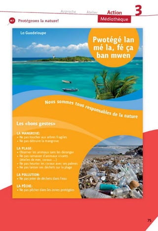 Approche Atelier
MédiathèqueProtégeons la nature!
La Guadeloupe
Nous sommes tOu,
LA MANGROVE:
• Ne pas toucher aux arbres fragiles
• Ne pas détruire la mangrove
LA PLAGE:
• Observer les animaux sans les déranger
• Ne pas ramasser d'animaux vivants
(étoiles de mer, coraux ...)
• Ne pas heurter les coraux avec ses palmes
• Ne pas laisser ses déchets sur la plage
75
 