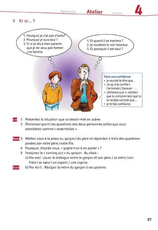 Approche Atelier Action
5 Et si...?
1. Pourquoi je n'ai pas d'amis?
2. Pourquoi je suis seul ?
3. Et si je dis à mes parents
que je ne veux pas former
^une famille.
Faire une confidence
• je voulais te dire que...
• j'ai qc à te confier/
t'annoncer/t'avouer :...
• j'aimerais que tu saches/
que tu comprennes/que tu
te rendes compte que...
• je te fais confiance
1 Présentez la situation que ce dessin met en scène.
2 Choisissez parmi les questions des deux personnes celles que vous
considérez comme « essentielles ».
0E 3
4
5
Mettez-vous à la place du garçon/du père et répondez à trois des questions
posées par votre père/votre fils.
Pourquoi, d’après vous, « gagne-t-on à en parler » ?
Imaginez le « coming out » du garçon. Au choix :
a) Par oral : Jouez le dialogue entre le garçon et son père / sa mère/son
frère/sa sœur/un copain / une copine.
b) Par écrit : Rédigez la lettre du garçon à ses parents.
87
 
