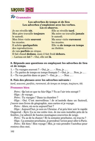 102
LEÇONS 7–8
Grammaire
Les adverbes de temps et de lieu
Les adverbes s’emploient avec les verbes.
Lis et observe.
Je me réveille tôt. Elle se réveille tard.
Mon père travaille toujours Ma mère ne travaille jamais
le samedi. le samedi.
Mon frère visite souvent Ma sœur visite rarement
les musées. les musées.
Il achète quelquefois Elle va de temps en temps
des reproductions. au théâtre.
Je vais parfois au cirque.
Il fait chaud dedans, mais il fait froid dehors.
– Larissa est ici ? – Oui, elle est là.
8. Réponds aux questions en employant les adverbes de lieu
et de temps.
1. – Tu voyages souvent ? – Oui, je ... . – Non, je ... .
2. – Tu parles de temps en temps français ? – Oui, je ... . Non, je ... .
3. – Tu vas parfois dans ce parc ? – Oui, je ... . – Non ... .
9. Fais des phrases avec les adverbes suivants :
tard, souvent, parfois, rarement, de temps en temps, toujours, tôt.
Prononce bien
Petro : Qu’est-ce que tu fais Olga ? Tu as l’air très occupé ?
Olga : Je voyage.
Petro : Tu voyages ? Dans ta chambre ?
Olga : Oui. C’est merveilleux ! Je m’assieds dans un fauteuil,
j’ouvre mes livres de géographie, mes cartes et je voyage.
Petro : Alors, où es-tu aujourd’hui ?
Olga : Aujourd’hui, je suis en Ukraine. J’ai pris hier soir le rapide
Oujgorod – Kyiv. Ça ne me coûte rien. Je me suis installée près de la
fenêtre, j’ai admiré de hautes montagnes couvertes de neige.
Petro : Tu as de la chance ! Et la semaine prochaine, où iras-tu ?
Olga : La semaine prochaine, je prendrai l’avion pour aller à Paris.
Petro : Eh bien ! Bon voyage ! Moi, je vais prendre l’autobus pour
rentrez chez moi.
 