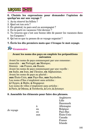 105
LEÇONS 9–10
6. Choisis les expressions pour demander l’opinion de
quelqu’un sur son voyage ?
1. As-tu réservé les billets ?
2. Quel est ton avis ?
3. En général, tu pars seul ou accompagné ?
4. Es-tu parti en vacances l’été dernier ?
5. Tu trouves que c’est une bonne idée de passer les vacances dans
les Carpates ?
6. Qu’est-ce que tu penses de ce voyage organisé ?
7. Écris les dix premiers mots que t’évoque le mot voyage.
Grammaire
Avant les noms des pays on emploie les prépositions
suivantes
Avant les noms de pays commençant par une consonne :
masculin : au Portugal, au Mexique;
féminin : en France, en Russie.
Avant les noms de pays commençant par une voyelle :
en Italie, en Iran, en Ukraine, en Afghanistan.
Avant les noms de pays au pluriel :
aux États-Unis, aux Pays-Bas, aux Seychelles.
Les noms d’îles s’emploient sans articles :
à Chypre, à Malte, à Singapour.
Les noms de villes s’emploient sans articles :
à Paris, à Odessa, à Terebovla, à Lviv, à Jytomyr.
8. Assemble les éléments pour faire des phrases.
Angleterre
Lille
Danemark
à Allemagne
Je voyage
au Belgique
en Pays-Bas
aux États-Unis
Canada
France
Irlande
 