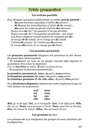 203
Précis grammatical
Les articles partitifs
Pour désigner une partie indéterminée on utilise article partitif :
– du pour les noms masculins (j’achète du poisson) ;
– de la pour les noms féminins (j’achète de la viande) ;
– des pour les noms au pluriel (j’achète des légumes).
Voulez-vous du thé ? (la quantité n’est pas précisée)
Voulez-vous un thé ? (la quantité est précisée : une tasse)
À la forme négative l’article partitif est remplacé par de :
Je mange de la salade. Je ne mange pas de salade.
J’achète du poisson. Je n’achète pas de poisson.
Je mange des fruits. Je ne mange pas de fruits.
Les pronoms personnels
Les pronoms personnels désignent des personnes ou des choses.
Ils jouent deux rôles essentiels.
– Ils remplacent un nom ou un groupe nominal déjà exprimé et
permettent d’en éviter la répétition :
J’ai vu ton frère ce matin. Il était en pleine forme.
– Ils marquent la personne grammaticale :
la première personne je, nous : je parle, nous parlons
la deuxième personne tu, vous : tu parles, vous parlez
la troisième personne il, ils, elle, elles : il parle, elles parlent
Il y a des formes disjointes (séparées du verbe) employées lorsqu’on
veut insister sur la personne :
moi nous
toi vous
lui eux
elle elles
Moi, ça m’est égal. Toi, tu es tranquille. Lui, il est déjà parti. Elle,
elle est ici. Nous, nous sommes à l’école. Vous, vous êtes au bureau.
Eux, ils aiment la nature. Elles, elles prennent du jus.
Les pronoms en et y
Les pronoms en et y remplacent des groupes de mots introduits par
la préposition :
 