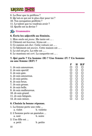 22
LEÇONS 9–10
8. La fleur que tu préfères ?
9. Qu’est-ce qui est le plus cher pour toi ?
10. Ton occupation préférée ?
11. Le talent que tu voudrais avoir ?
12. Quelle est ta devise ?
Grammaire
6. Écris les adjectifs au féminin.
1. Mon oncle est jeune. Ma tante est ... .
2. Clément est heureux. Iryna est ... .
3. Ce camion est cher. Cette voiture est ... .
4. Ce bâtiment est ancien. Cette maison est ... .
5. Le ciel est gris. La robe est ... .
6. Le manteau est vert. La casquette est ... .
7. Qui parle ? Un homme (H) ? Une femme (F) ? Un homme
ou une femme (H/F) ?
F H H/F
1. Je suis amoureuse.
2. Je suis sportif.
3. Je suis gaie.
4. Je suis amoureux.
5. Je suis petite.
6. Je suis brun.
7. Je suis grosse.
8. Je suis belle.
9. Je suis malheureux.
10. Je suis grand.
11. Je suis fatiguée.
12. Je suis mince.
8. Choisis la bonne réponse.
1. La femme porte une robe ...
a. violet b. violette
2. L’homme porte un pantalon ...
a. noir b. noire
3. Une fille est ...
a. petit b. petite
 
