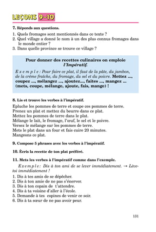 131
7. Réponds aux questions.
1.	Quels fromages sont mentionnés dans ce texte ?
2.	Quel village a donné le nom à un des plus connus fromages dans
le monde entier ?
3.	Dans quelle province se trouve ce village ?
Pour donner des recettes culinaires on emploie
l’Impératif.
E x e m p l e : Pour faire ce plat, il faut de la pâte, du jambon,
de la crème fraîche, du fromage, du sel et du poivre. Mettez ...,
coupez ..., mélan­gez ..., ajoutez..., faites ..., mangez ...
(mets, coupe, mélange, ajou­te, fais, mange) !
8. Lis et trouve les verbes à l’impératif.
Epluche les pommes de terre et coupe ces pommes de terre.
Prenez un plat et mettez du beurre dans ce plat.
Mettez les pommes de terre dans le plat.
Mélange le lait, le fromage, l’œuf, le sel et le poivre.
Versez le mélange sur les pommes de terre.
Mets le plat dans un four et fais cuire 20 minutes.
Mangeons ce plat.
9. Compose 5 phrases avec les verbes à l’impératif.
10. Ècris la recette de ton plat préféré.
11. Mets les verbes à l’impératif comme dans l’exemple.
E x e m p l e : Dis à ton ami de se lever immédiatement. → Lève-
toi immédiatement !
1. Dis à tes amis de se dépêcher.
2. Dis à ton amie de ne pas s’énerver.
3. Dis à ton copain de t’attendre.
4. Dis à ta voisine d’aller à l’école.
5. Demande à tes copines de venir ce soir.
6. Dis à ta sœur de ne pas avoir peur.
 