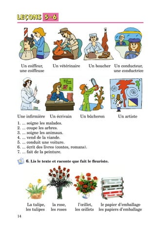 14
Un coiffeur, Un vétérinaire Un boucher Un conducteur,
une coiffeuse une conductrice
Une infirmière Un écrivain Un bûcheron Un artiste
1.	... soigne les malades.
2.	... coupe les arbres.
3.	... soigne les animaux.
4.	... vend de la viande.
5.	... conduit une voiture.
6.	... écrit des livres (contes, romans).
7.	... fait de la peinture.
6. Lis le texte et raconte que fait le fleuriste.
La tulipe, la rose, l’œillet, le papier d’emballage
les tulipes les roses les œillets les papiers d’emballage
 