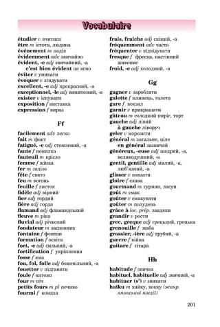 201
Vocabulaire
étudier v вчитися
être m істота, людина
événement m подія
évidemment adv звичайно
évident, -e adj звичайний, -а
c’est bien évident це ясно
éviter v уникати
évoquer v згадувати
excellent, -e adj прекрасний, -а
exceptionnel, -le adj винятковий, -а
exister v існувати
exposition f виставка
expression f вираз
Ff
facilement adv легко
fait m факт
fatigué, -e adj стомлений, -а
faute f помилка
fauteuil m крісло
femme f жінка
fer m залізо
fête f свято
feu m вогонь
feuille f листок
fidèle adj вірний
fier adj гордий
fière adj горда
flamand adj фламандський
fleuve m ріка
fluvial adj річковий
fondateur m засновник
fontaine f фонтан
formation f освіта
fort, -e adj сильний, -а
fortification f укріплення
fosse f яма
fou, fol, folle adj божевільний, -а
fouetter v підганяти
foule f натовп
four m піч
petits fours m pl печиво
fourmi f комаха
frais, fraîche adj свіжий, -а
fréquemment adv часто
fréquenter v відвідувати
fresque f фреска, настінний
живопис
froid, -e adj холодний, -а
Gg
gagner v заробляти
galette f млинець, галета
gare f вокзал
garnir v прикрашати
gâteau m солодкий пиріг, торт
gauche adj лівий
à gauche ліворуч
geler v морозити
général m загальне, ціле
en général зазвичай
généreux, -euse adj щедрий, -а,
великодушний, -а
gentil, gentille adj милий, -а,
люб’яз­ний, -a
glisser v ковзати
gloire f слава
gourmand m гурман, ласун
goût m смак
goûter v смакувати
goûter m полудень
grâce à loc. prép. завдяки
grandir v рости
grec, greque adj грецький, грецька
grenouille f жаба
grossier, -ière adj грубий, -а
guerre f війна
guitare f гітара
Hh
habitude f звичка
habituel, habituelle adj звичний, -а
habituer (s’) v звикати
haïku m хайку, хокку (жанр
япон­ської поезії)
 