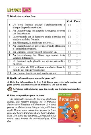 67
2. Dis si c’est vrai ou faux.
Vrai Faux
1 Un élève français change d’établissements à
chaque étape de ses études.
□ □
2 Au Luxembourg, les langues étrangères ne sont
pas importantes.
□ □
3 La terminale est la dernière année d’études du
système scolaire français.
□ □
4 En Allemagne, la meilleure note est 1. □ □
5 Au Luxembourg on prête une grande attention
à l’éducation routière.
□ □
6 En Ukraine, les élèves sont notés sur 12. □ □
7 Au Luxembourg, les élèves apprennent trois
langues différentes.
□ □
8 Un habitant de la planète sur dix ne sait ni lire
ni écrire.
□ □
9 Il y a plus de 125 millions d’enfants dans le
monde qui sont privés d’école.
□ □
10 En Irlande, les élèves sont notés sur six. □ □
3. Quelle information est nouvelle pour toi ?
4. Relis les informations 1, 2, 4, 5, 6. Est-ce que cette information est
juste pour le système scolaire en Ukraine ? Dis oui ou non.
5. Fais un petit dialogue avec ton voisin sur les informations don-
nées.
6. Pose les questions pour ce texte.
Je m’appelle Roman. Je fais mes études au
collège. Ma matière pré­férée est le français.
J’aime aussi l’anglais et l’ukrainien. Je n’aime
pas les mathématiques. Ma journée préférée est
jeudi. Ce jour nous avons deux heures de fran-
çais, une heure d’anglais et une heure d’ukrai-
nien. Je n’aime pas vendredi. Le vendredi nous
avons deux heures de mathématiques. C’est
dur.
 