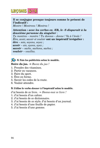94
Il se conjugue presque toujours comme le présent de
l’indicatif :
Montre ! Montrons ! Montrez !
Attention : avec les verbes en -ER, le -S disparaît à la
deuxième personne du singulier :
Tu montres – montre ! Tu donnes – donne ! Va à l’école !
Être, avoir, savoir et vouloir ont un impératif irrégulier :
être – sois, soyons, soyez ;
avoir – aie, ayons, ayez ;
savoir – sache, sachons, sachez ;
vouloir – veuillez.
8. Fais les publicités selon le modèle.
Boire du jus. → Buvez du jus !
1.	Prendre des vitamines.
2.	Partir en vacances.
3.	Faire du sport.
4.	Être en forme.
5.	Savoir les codes de la route.
6.	Vouloir attendre.
9. Utilise le verbe donner à l’impératif selon le modèle.
J’ai besoin de ce livre. → Donne-moi ce livre !
1.	J’ai besoin d’un cahier.
2.	J’ai besoin de ce dictionnaire.
3.	J’ai besoin de ce stylo. J’ai besoin d’un journal.
4.	J’ai besoin d’une feuille de papier.
5.	J’ai besoin d’une gomme.
 