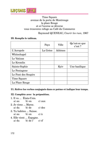 172
Time Square
avenue de la porte de Montrouge
la place Rouge
et si l’averse se déverse
vous trouverez refuge au Café du Commerce
Raymond QUENEAU, Courir les rues, 1967
10. Remplis le tableau.
Pays Ville
Qu’est-ce que
c’est ?
L’Acropole La Grèce Athènes
Whitechapel
Le Vatican
Le Kremlin
Sainte-Sophie Kyiv Une basilique
Le Pentagone
Le Pont des Soupirs
Time Square
La Place Rouge
11. Relève les verbes conjugués dans ce poème et indique leur temps.
12. Complète avec la préposition.
1. Il va ... États-Unis.
	 a) au	 b) en	 c) aux
2. Je viens ... Maroc.
	 a) du	 b) de	 c) des
3. Tu habites ... Suisse.
	 a) au	 b) en	 c) à
4. Elle vient ... Espagne.
	 a) du	 b) de l’	 c) d’
 
