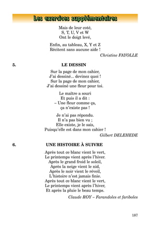 187
Les exercices supplémentaires
Mais de leur coté,
S, T, U, V et W
Ont le doigt levé,
Enfin, au tableau, X, Y et Z
Récitent sans aucune aide !
Christine FAYOLLE
5. LE DESSIN
Sur la page de mon cahier,
J’ai dessiné... devinez quoi !
Sur la page de mon cahier,
J’ai dessiné une fleur pour toi.
Le maître a souri
Et puis il a dit :
– Une fleur comme ça,
ça n’existe pas !
Je n’ai pas répondu.
Il n’a pas bien vu ;
Elle existe, je le sais,
Puisqu’elle est dans mon cahier !
Gilbert DELEHEDE
6. UNE HISTOIRE À SUIVRE
Après tout ce blanc vient le vert,
Le printemps vient après l’hiver.
Après le grand froid le soleil,
Après la neige vient le nid,
Après le noir vient le réveil,
L’histoire n’est jamais finie.
Après tout ce blanc vient le vert,
Le printemps vient après l’hiver,
Et après la pluie le beau temps.
Claude ROY – Farandoles et fariboles
 