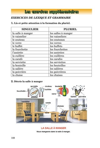 188
Les exercices supplémentaires
EXERCICES DE LEXIQUE ET GRAMMAIRE
1. Lis et prête attention à la formation du pluriel.
SINGULIER PLURIEL
la salle à manger les salles à manger
le vaisselier les vaisseliers
le couteau les couteaux
le verre les verres
le buffet les buffets
la fourchette les fourchettes
l’assiette les assiettes
la cuillère les cuillères
la carafe les carafes
la serviette les serviettes
la bouteille les bouteilles
la salière les salières
la poivrière les poivrières
la chaise les chaises
2. Décris la salle à manger
 