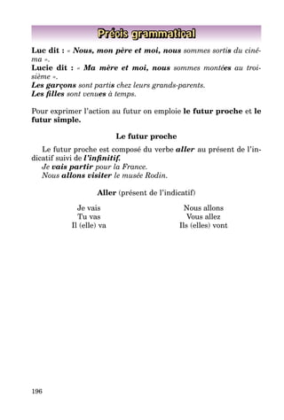 196
Précis grammatical
Luc dit : « Nous, mon père et moi, nous sommes sortis du ciné-
ma ».
Lucie dit : «  Ma mère et moi, nous sommes montées au troi-
sième ».
Les garçons sont partis chez leurs grands-parents.
Les filles sont venues à temps.
Pour exprimer l’action au futur on emploie le futur proche et le
futur simple.
Le futur proche
Le futur proche est composé du verbe aller au présent de l’in­
dicatif suivi de l’infinitif.
Je vais partir pour la France.
Nous allons visiter le musée Rodin.
Aller (présent de l’indicatif)
Je vais
Tu vas
Il (elle) va
Nous allons
Vous allez
Ils (elles) vont
 