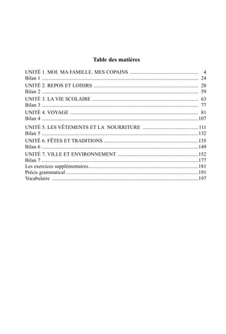 Table des matières
UNITÉ 1. MOI. MA FAMILLE. MES COPAINS ......................................................	4
Bilan 1 ..........................................................................................................................	24
UNITÉ 2. REPOS ET LOISIRS ..................................................................................	28
Bilan 2 ..........................................................................................................................	59
UNITÉ 3. LA VIE SCOLAIRE ...................................................................................	63
Bilan 3 ..........................................................................................................................	77
UNITÉ 4. VOYAGE ....................................................................................................	81
Bilan 4 ..........................................................................................................................	107
UNITÉ 5. LES VÊTEMENTS ET LA NOURRITURE ............................................	111
Bilan 5 ..........................................................................................................................	132
UNITÉ 6. FÊTES ET TRADITIONS .........................................................................	135
Bilan 6 ..........................................................................................................................	149
UNITÉ 7. VILLE ET ENVIRONNEMENT ...............................................................	152
Bilan 7 ..........................................................................................................................	177
Les exercices supplémentaires......................................................................................	181
Précis grammatical .......................................................................................................	191
Vocabulaire ..................................................................................................................	197
 