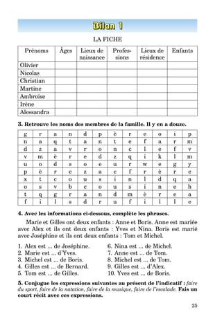 25
LA FICHE
Prénoms Âges Lieux de
naissance
Profes­
sions
Lieux de
résidence
Enfants
Olivier
Nicolas
Christian
Martine
Ambroise
Irène
Alessandra
3. Retrouve les noms des membres de la famille. Il y en a douze.
g r a n d p è r e o i p
n a q t a n t e f a r m
d z a v r o n c l e f v
v m è r e d z q i k l m
u o d s o e u r w e g y
p è r e z a c f r è r e
x t c o u s i n l d q a
o s v b c o u s i n e h
t q g r a n d m è r e a
f i l s d r u f i l l e
4. Avec les informations ci-dessous, complète les phrases.
Marie et Gilles ont deux enfants : Anne et Boris. Anne est mariée
avec Alex et ils ont deux enfants  : Yves et Nina. Boris est marié
avec Joséphine et ils ont deux enfants : Tom et Michel.
1.	Alex est ... de Joséphine.
2.	Marie est ... d’Yves.
3.	Michel est ... de Boris.
4.	Gilles est ... de Bernard.
5.	Tom est ... de Gilles.
6.	Nina est ... de Michel.
7.	Anne est ... de Tom.
8.	Michel est ... de Tom.
9.	Gilles est ... d’Alex.
10. Yves est ... de Boris.
5. Conjugue les expressions suivantes au présent de l’indicatif : faire
du sport, faire de la natation, faire de la musique, faire de l’escalade. Fais un
court récit avec ces expressions.
 