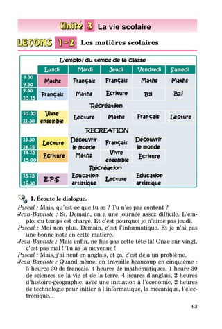 63
1. Écoute le dialogue.
Pascal : Mais, qu’est-ce que tu as ? Tu n’es pas content ?
Jean-Baptiste : Si. Demain, on a une journée assez difficile. L’em­
ploi du temps est chargé. Et c’est pourquoi je n’aime pas jeudi.
Pascal : Moi non plus. Demain, c’est l’informatique. Et je n’ai pas
une bonne note en cette matière.
Jean-Baptiste : Mais enfin, ne fais pas cette tête-là! Onze sur vingt,
c’est pas mal ! Tu as la moyenne !
Pascal : Mais, j’ai neuf en anglais, et ça, c’est déjа un problème.
Jean-Baptiste : Quand même, on travaille beaucoup en cinquième :
5 heures 30 de français, 4 heures de mathématiques, 1 heure 30
de sciences de la vie et de la terre, 4 heures d’anglais, 2 heures
d’histoire-géographie, avec une initiation à l’économie, 2 heures
de technologie pour initier à l’informatique, la mécanique, l’élec­
tronique...
Les matières scolaires
 