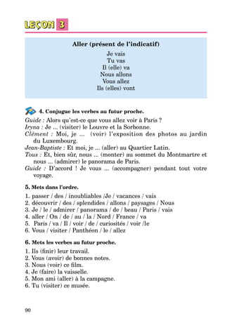 90
Aller (présent de l’indicatif)
Je vais
Tu vas
Il (elle) va
Nous allons
Vous allez
Ils (elles) vont
4. Conjugue les verbes au futur proche.
Guide : Alors qu’est-ce que vous allez voir à Paris ?
Iryna : Je ... (visiter) le Louvre et la Sorbonne.
Clément : Moi, je ... (voir) l’exposition des photos au jardin
du Luxembourg.
Jean-Baptiste : Et moi, je ... (aller) au Quartier Latin.
Tous : Et, bien sûr, nous ... (monter) au sommet du Montmartre et
nous ... (admirer) le panorama de Paris.
Guide : D’accord ! Je vous ... (accompagner) pendant tout votre
voyage.
5. Mets dans l’ordre.
1.	passer / des / inoubliables /Je / vacances / vais
2.	découvrir / des / splendides / allons / paysages / Nous
3.	Je / le / admirer / panorama / de / beau / Paris / vais
4.	aller / On / de / au / la / Nord / France / va
5.	 Paris / va / Il / voir / de / curiosités / voir /le
6.	Vous / visiter / Panthéon / le / allez
6. Mets les verbes au futur proche.
1. Ils (finir) leur travail.
2. Vous (avoir) de bonnes notes.
3. Nous (voir) ce film.
4. Je (faire) la vaisselle.
5. Mon ami (aller) à la campagne.
6. Tu (visiter) ce musée.
 