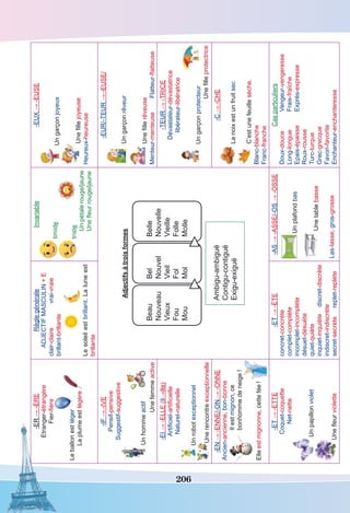 206
-ER→-ÈRE
Etranger-étrangère
Fier-fière
Leballonestléger
Laplumeestlégère
Règlegénérale
ADJECTIFMASCULIN+E
clair-clairevrai-vraie
brillant-brillante
Lesoleilestbrillant.Laluneest
brillante
Invariable
timide
triste
Unpétalerouge/jaune
Unefleurrouge/jaune
-EUX→-EUSE
Ungarçonjoyeux
Unefillejoyeuse
Heureux-heureuse
-IF→-IVE
Pensif-pensive
Suggestif-suggestive
Unhommeactif
Unefemmeactive
Adjectifsàtroisformes
Ambigu-ambiguë
Contigu-contiguë
Exigu-exiguë
Bel
Nouvel
Vieil
Fol
Mol
Belle
Nouvelle
Vieille
Folle
Molle
Beau
Nouveau
Vieux
Fou
Mou
-EUR/-TEUR→-EUSE/
Ungarçonrêveur
Unefillerêveuse
Menteur-menteuseFlatteur-flatteuse
-EI→-ELLE(il→ille)
Artificiel-artificielle
Naturel-naturelle
Unrobotexceptionnel
Unerencontreexceptionnelle
-TEUR→-TRICE
Dévastateur-dévastatrice
libérateur-libératrice
Ungarçonprotecteur
Unefilleprotectrice
-EN→-ENNE/-ON→-ONNE
Ancien-ancienne,bon-bonne
Ilestmignon,ce
bonhommedeneige!
Elleestmignonne,cettefée!
-C→-CHE
Lanoixestunfruitsec
C’estunefeuillesèche.
Blanc-blanche
Franc-franche
-ET→-ETTE
Coquet-coquette
Net-nette
Unpapillonviolet
Unefleurviolette
-ET→-ÈTE
concret-concrète
complet-complète
incomplet-incomplète
désuet-désuète
quiet-quiète
inquiet-inquiètediscret-discrète
indiscret-indiscrète
secret-secrètereplet-replète
-AS→-ASSE/-OS→-OSSE
Unplafondbas
Unetablebasse
Las-lasse,gros-grosse
Casparticuliers
Doux-douce	Vengeur-vengeresse
Long-longue	Frais-fraîche
Epais-épaisse	Exprès-expresse
Roux-rousse
Turc-turque
Grec-grecque
Favori-favorite
Enchanteur-enchanteresse
 