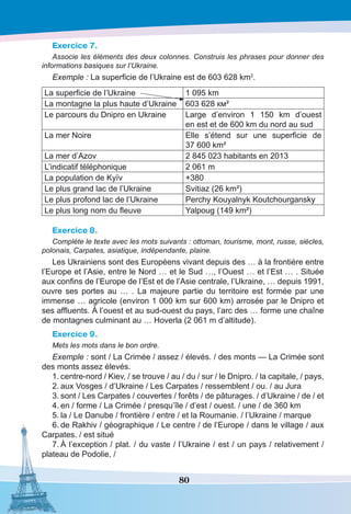 80
Exercice 7.
Associe les éléments des deux colonnes. Construis les phrases pour donner des
informations basiques sur l’Ukraine.
Exemple : La superficie de l’Ukraine est de 603 628 km2
.
La superficie de l’Ukraine 1 095 km
La montagne la plus haute d’Ukraine 603 628 км²
Le parcours du Dnipro en Ukraine Large d’environ 1  150  km d’ouest
en est et de 600 km du nord au sud
La mer Noire Elle s’étend sur une superficie de
37 600 km²
La mer d’Azov 2 845 023 habitants en 2013
L’indicatif téléphonique 2 061 m
La population de Kyïv +380
Le plus grand lac de l’Ukraine Svitiaz (26 km²)
Le plus profond lac de l’Ukraine Perchy Kouyalnyk Koutchourgansky
Le plus long nom du fleuve Yalpoug (149 km²)
Exercice 8.
Complète le texte avec les mots suivants : ottoman, tourisme, mont, russe, siècles,
polonais, Carpates, asiatique, indépendante, plaine.
Les Ukrainiens sont des Européens vivant depuis des … à la frontière entre
l’Europe et l’Asie, entre le Nord … et le Sud …, l’Ouest … et l’Est … . Située
aux confins de l’Europe de l’Est et de l’Asie centrale, l’Ukraine, … depuis 1991,
ouvre ses portes au  … . La majeure partie du territoire est formée par une
immense … agricole (environ 1 000 km sur 600 km) arrosée par le Dnipro et
ses affluents. À l’ouest et au sud-ouest du pays, l’arc des … forme une chaîne
de montagnes culminant au … Hoverla (2 061 m d’altitude).
Exercice 9.
Mets les mots dans le bon ordre.
Exemple : sont / La Crimée / assez / élevés. / des monts — La Crimée sont
des monts assez élevés.
1.	centre-nord / Kiev, / se trouve / au / du / sur / le Dnipro. / la capitale, / pays,
2.	aux Vosges / d’Ukraine / Les Carpates / ressemblent / ou. / au Jura
3.	sont / Les Carpates / couvertes / forêts / de pâturages. / d’Ukraine / de / et
4.	en / forme / La Crimée / presqu’île / d’est / ouest. / une / de 360 km
5.	la / Le Danube / frontière / entre / et la Roumanie. / l’Ukraine / marque
6.	de Rakhiv / géographique / Le centre / de l’Europe / dans le village / aux
Carpates. / est situé
7.	À l’exception / plat. / du vaste / l’Ukraine / est / un pays / relativement /
plateau de Podolie, /
 