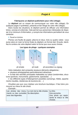97
Projet 4
Fabriquons un dépliant publicitaire pour ville (village)
Le dépliant est un moyen de communiquer sur votre ville (village). En
quelques pages il synthétise, présente et fait l’éloge de votre ville (village).
Dans toutes les situations, le dépliant permet de diffuser une information
brève, concise et ordonnée. Cela permet aux personnes intéressées de dispo-
ser d’un minimum d’information, y compris les informations permettant de vous
contacter.
I. Travail en binôme.
Prenez une feuille de papier, pliez-la en deux, trois ou quatre volets : vous
aurez alors en main la forme finale du dépliant, en format réel. Ensuite, identi-
fiez le contenu de votre dépliant selon la forme que vous aurez choisie.
Les types de pliage : quelques exemples
	
1
2
	
1
2
3
	
3
1
2
	 pli simple	 pli roulé	 pli accordéon ou zigzag
Votre réalisation doit comporter plusieurs éléments obligatoires :
•	 plusieurs photographies particulièrement attractives
•	 la liste des activités principales réalisables sur place (randonnées, struc-
tures sportives, monuments, gastronomie, spectacles …)
•	 les différents types d’hébergement possibles (campings, hôtels, apparte-
ments meublés, résidences de tourisme etc …)
N’oubliez pas que vous réalisez une brochure touristique. Il faut donc pro-
mouvoir au mieux le site choisi.
Exemple :
Les photos des monu-
ments ou des curiosités
avec des légendes.
Le nom de la ville choisie.
Sa déscription.
Le titre.
Une accroche.
Une photo qui repré-
sente le mieux la ville
choisie.
 