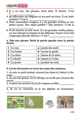 3. Il a un bec, des plumes, deux ailes. Il chante. C’est
1’ .
4. Sa silhouette est élégante et son poil est doux. Il est indé­
pendant. C’est le _____________________________.
5. Petit mammifère rongeur, il a de grandes oreilles et une
petite queue. Son repas préféré ? Des carottes ! C’est le
6. Il est énorme et très lourd. Il a de grandes oreilles plates,
un nez allongé en trompe et des défenses. Il peut vivre très
longtemps (plus de 100 ans !). C’est 1’ ____________________ .
4. Fais une phrase. Relie la partie gauche avec la partie
droite.
1 Le coq a ponds des œufs.
2 La brebis b monte la garde.
3 Le chien c donne de la laine.
4 L’abeille d chante à l’aube.
5 La poule e produit du miel.
5. Lis les devinettes et écris les noms des animaux.
1. Je suis un petit animal, ennemi des chats et j ’adore le fro­
mage. ___________________
2. Je suis très grand, vis en Afrique, et on dit quej ’ai peur des
souris.________________
3. J’adore les carottes et j ’ai de longues oreilles.___________
4. Je vis en Australie et je me déplace en bondissant.
115
 