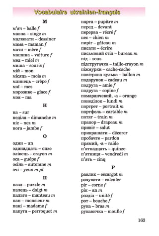м
м’яч - balle /
мавпа - singe т
малювати - dessiner
мама - maman /
мати - mère /
машина - voiture /
мед - miel m
миша - souris f
мій - mon
місяць - mois m
млинець - crêpe /
мої - mes
морозиво - glace /
моя - ma
H
на - sur
неділя - dimanche m
ніс - nez m
нога -jam be/
O
один - un
одинадцять - onze
олівець - crayon m
oca - guêpe /
осінь - automne m
очі - yeux mpl
П
пазл - puzzle m
палець - doigt m
пальто - manteau m
пан - monsieur m
пані - madame /
папуга - perroquet m
парта - pupitre m
перед - devant
перерва - récré /
пес - chien m
пиріг - gâteau m
писати - écrire
письмовий стіл - bureau m
під - sous
підстругачка - taille-crayon m
піжмурки - cache-cache
повітряна кулька - ballon m
подарунок - cadeau m
подруга - amie /
подруга - copine /
помаранчевий, -a - orange
понеділок - lundi m
портрет - portrait m
портфель - cartable m
потяг - train m
прапор - drapeau m
привіт - salut
прикрашати - décorer
пробачте - pardon
прямий, -a - raide
п’ятнадцять - quinze
п’ятниця - vendredi m
п’ять - cinq
P
равлик - escargot m
рахувати - calculer
ріг - corne /
рік - an m
розділ - unité /
рот - bouche f
рука - bras m
рукавичка - moufle /
163
 