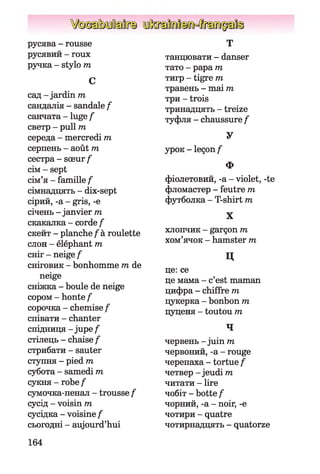 русява - rousse
русявий - roux
ручка - stylo m
C
сад - jardin m
сандалія - sandale f
санчата - luge f
светр - pull m
середа - mercredi m
серпень - août m
сестра - sœur f
сім - sept
сім’я - famille f
сімнадцять - dix-sept
сірий, -a - gris, -e
січень - janvier m
скакалка - corde f
скейт - planche f àroulette
слон - éléphant m
сніг - neige f
сніговик - bonhomme m de
neige
сніжка - boule de neige
сором - honte f
сорочка - chemise f
співати - chanter
спідниця - jupe f
стілець - chaise f
стрибати - sauter
ступня - pied m
субота - samedi m
сукня - robe f
сумочка-пенал - trousse f
сусід - voisin m
сусідка - voisine f
сьогодні - aujourd’hui
T
танцювати - danser
тато - papa m
тигр - tigre 171
травень - mai m
три - trois
тринадцять - treize
туфля - chaussure f
У
урок - leçon f
Ф
фіолетовий, -a - violet, -te
фломастер - feutre m
футболка - T-shirt m
X
хлопчик - garçon m
хом’ячок - hamster m
Ц
це: ce
це мама - c’est maman
цифра - chiffre m
цукерка - bonbon m
цуценя - toutou m
4
червень - juin 171
червоний, -a - rouge
черепаха - tortue f
четвер - jeudi m
читати - lire
чобіт - botte f
чорний, -a - noir, -e
чотири - quatre
чотирнадцять - quatorze
164
 